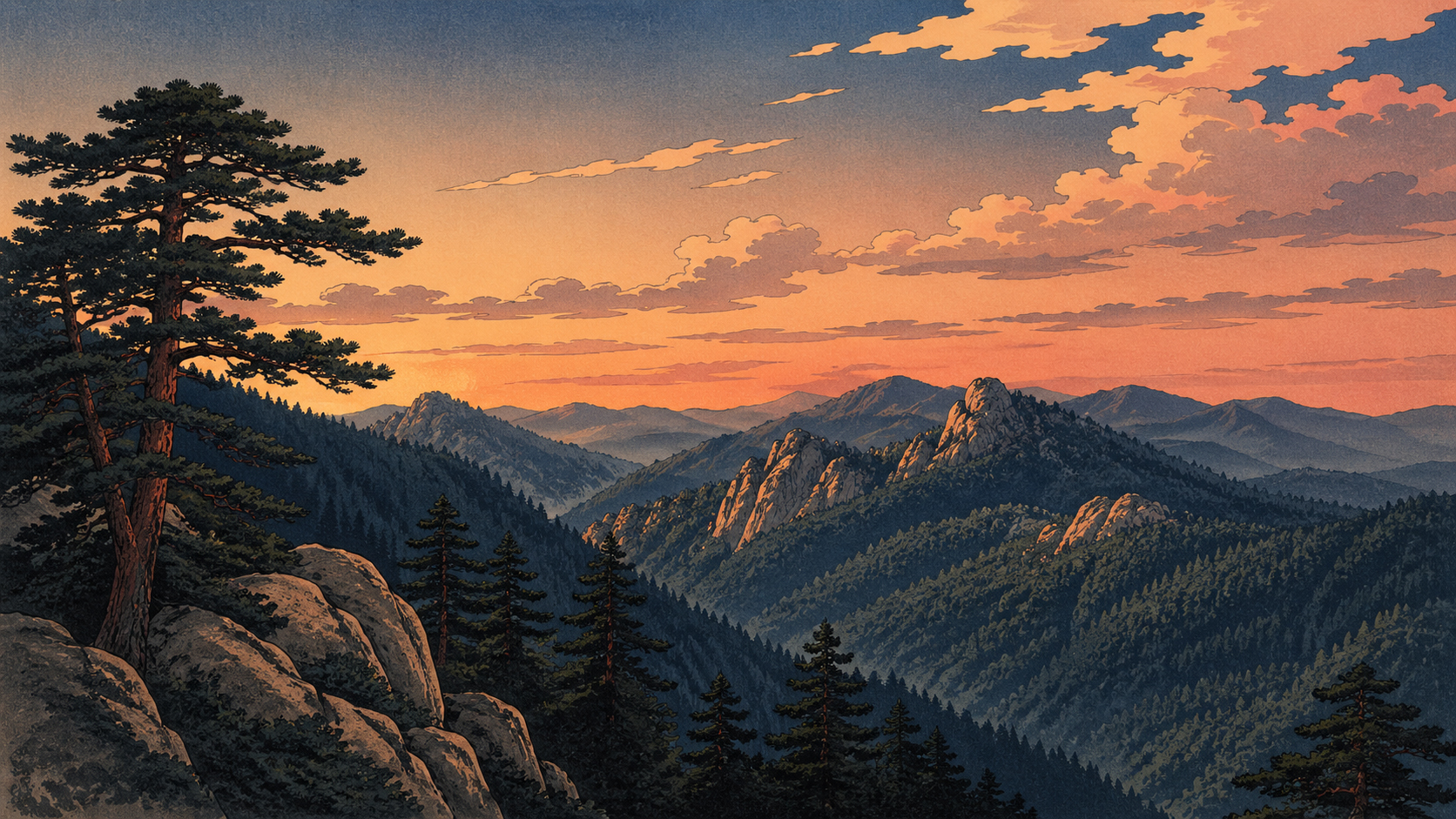 ブラックヒルズの松林と夕暮れの山並み