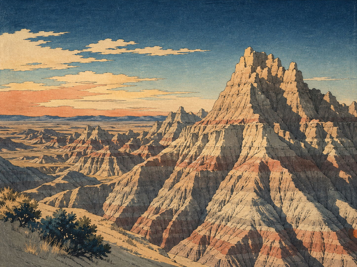 侵食されたバッドランズの地層に光が差す風景